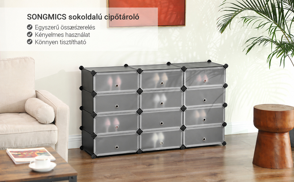 Cipőtartó, téglalap alakú tárolórendszer, 12 nyílásos moduláris, fekete | 