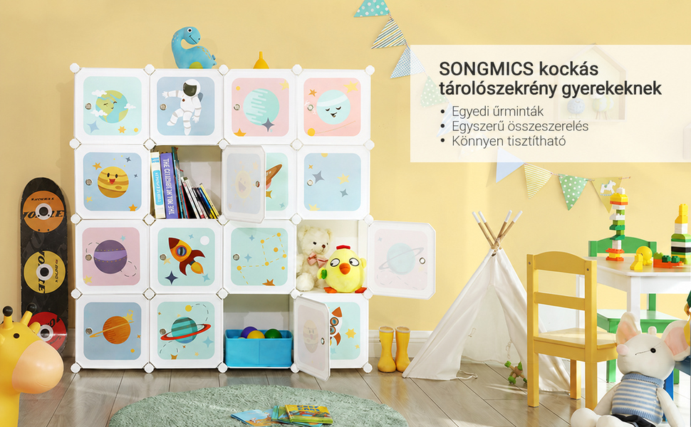 15 kockás játéktároló, játékrendező szekrény, űrutazás téma