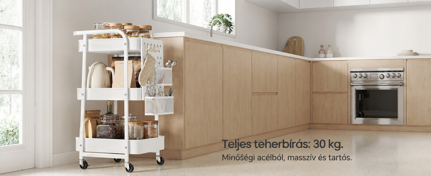 Tárolókocsi 3 fémhálós polccal fehér színben