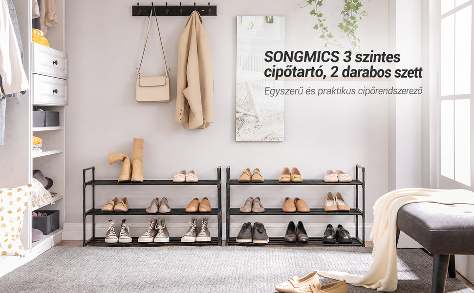 3 szintes cipőtartó szett (2 db) 30 x 92 x 54 cm, fekete