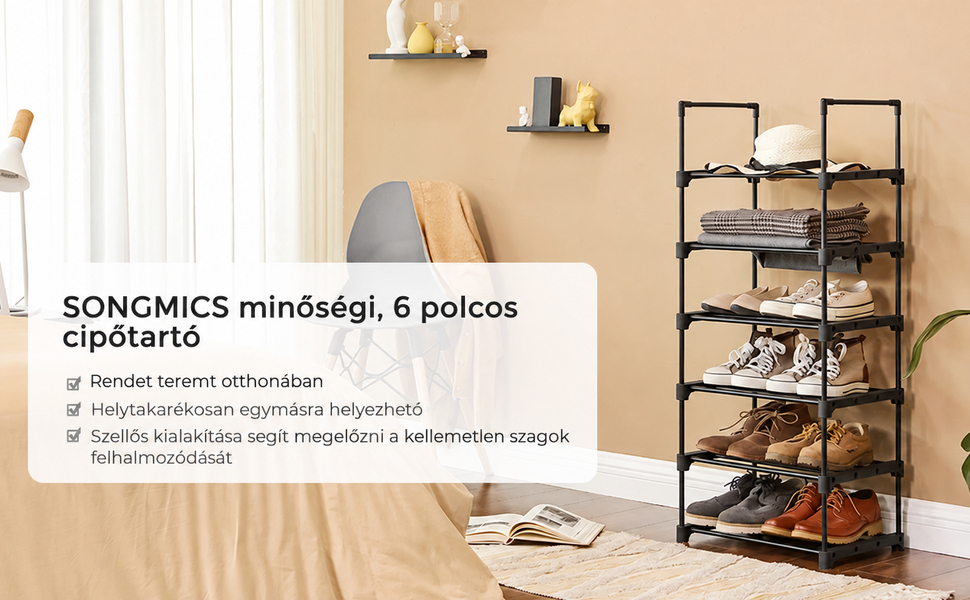 6 szintes cipőtartó, cipőtároló polc 106x45x30 cm, fekete