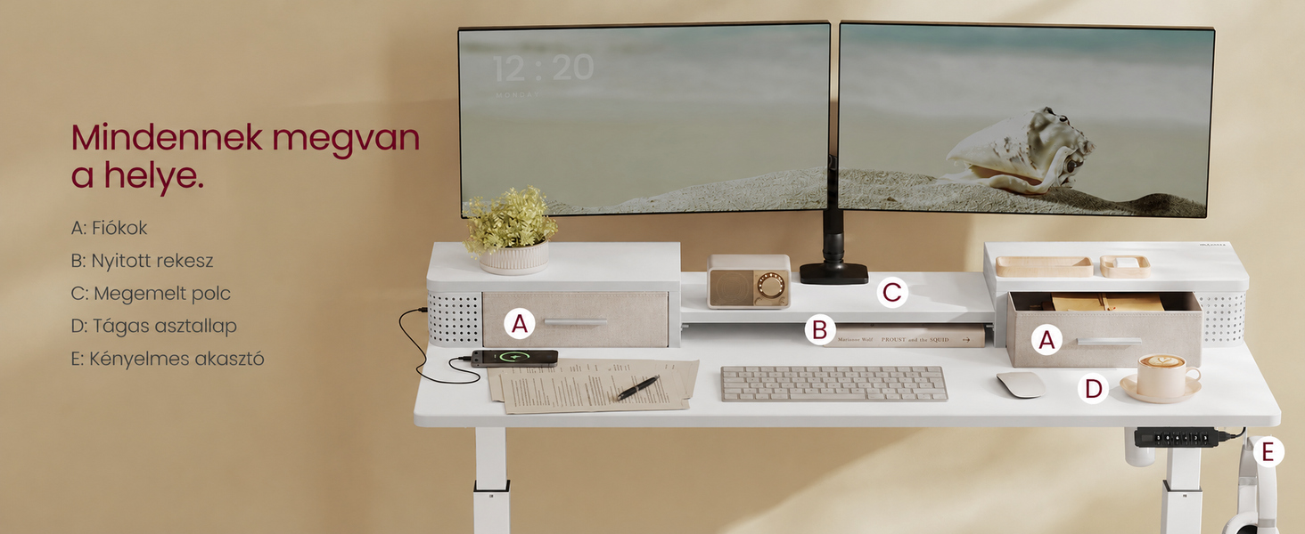 Állítható magasságú elektromos íróasztal LED világítással, 60 x 120 x (72-120) cm, fehér