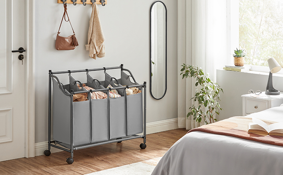 Szennyeskosár görgőkkel, 4 kivehető táskával, mosodai kocsi 4 x 35L, szürke