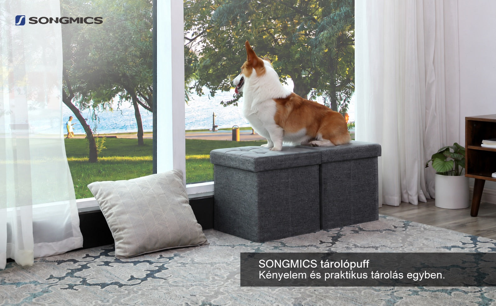 Párnázott tárolópuff sötétszürke szövetborítással