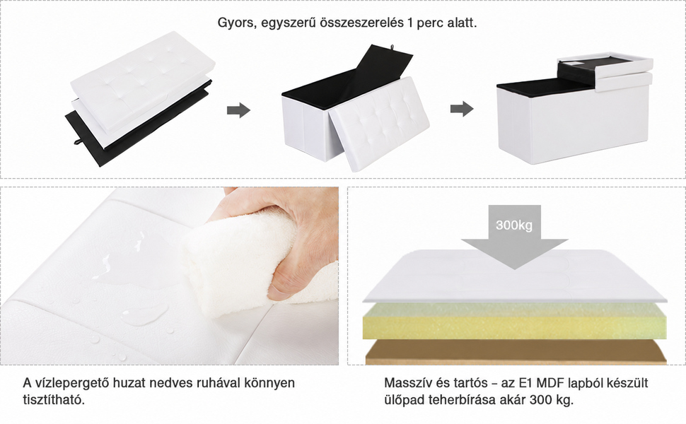 Puff, 80L-es ülésláda, összecsukható tárolópad, 300 kg-ig terhelhető, 76 x 38 x 38 cm fehér |