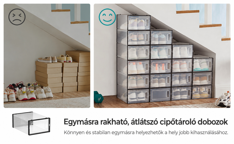 Cipőtároló, egymásra rakható  cipősdobozok, 18 db  fekete  |