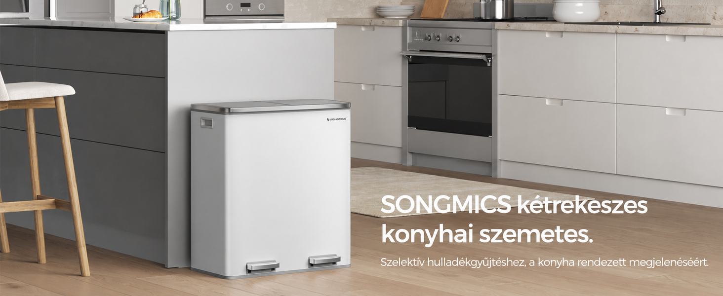White double kitchen bin with foot pedal in modern kitchen setting. Text overlay shows 'SONGMICS Double Kitchen Bin' and additional product details.