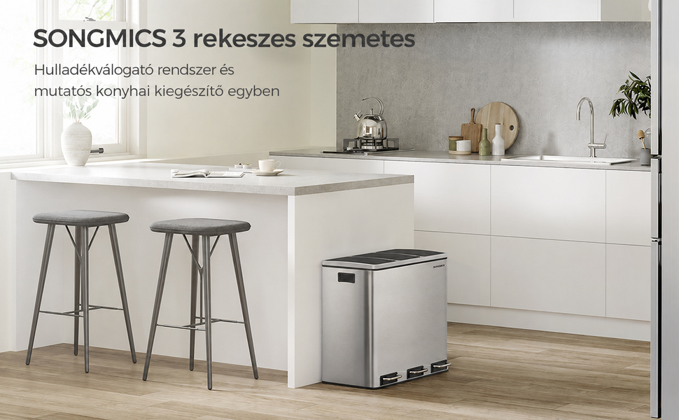 Konyhai szelektív szemetes 54 liter, hulladékleválasztó rendszer 3 rekeszes, ezüst |
