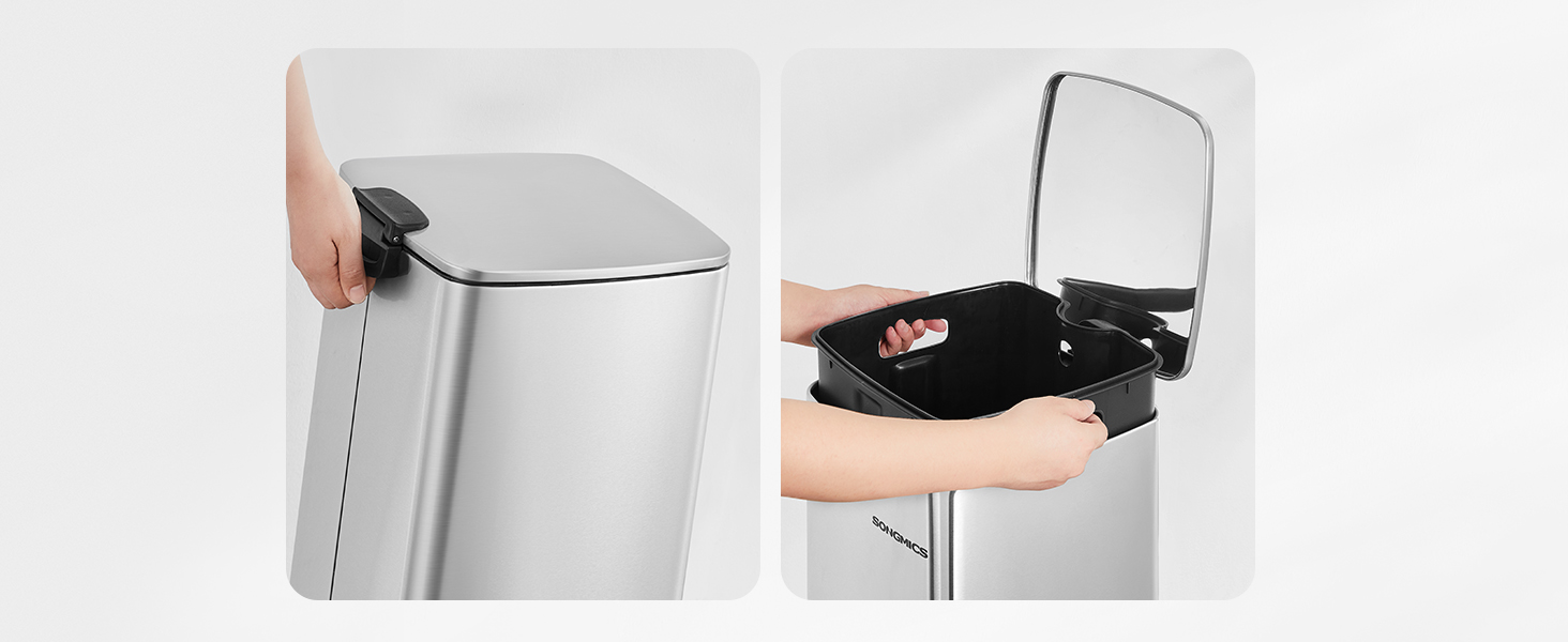 Stainless steel rectangular trash can with step-to-open lid mechanism, showing both closed position and lid opening demonstration.
