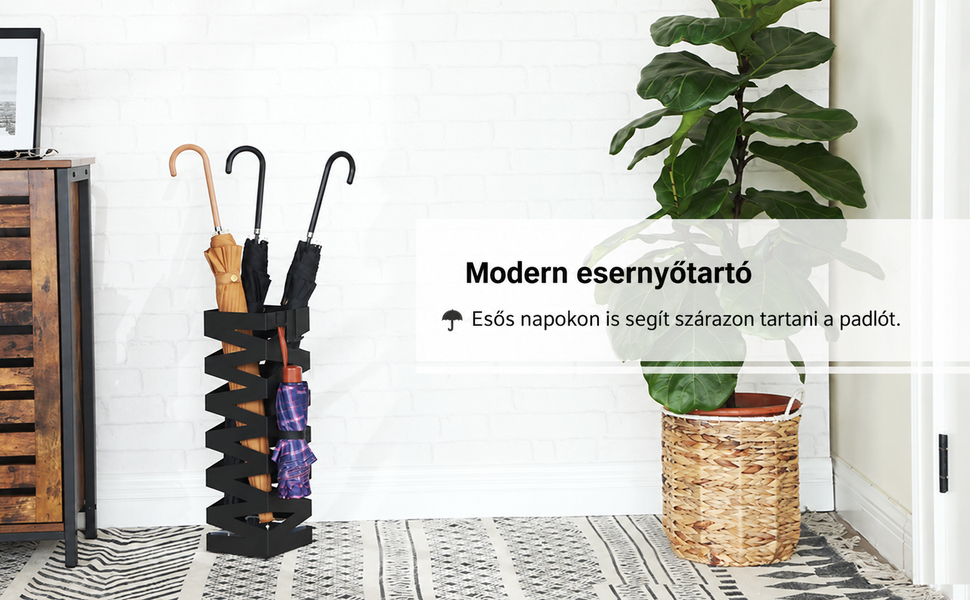 Fém esernyőtartó, horgokkal és csepptálcával, fekete |