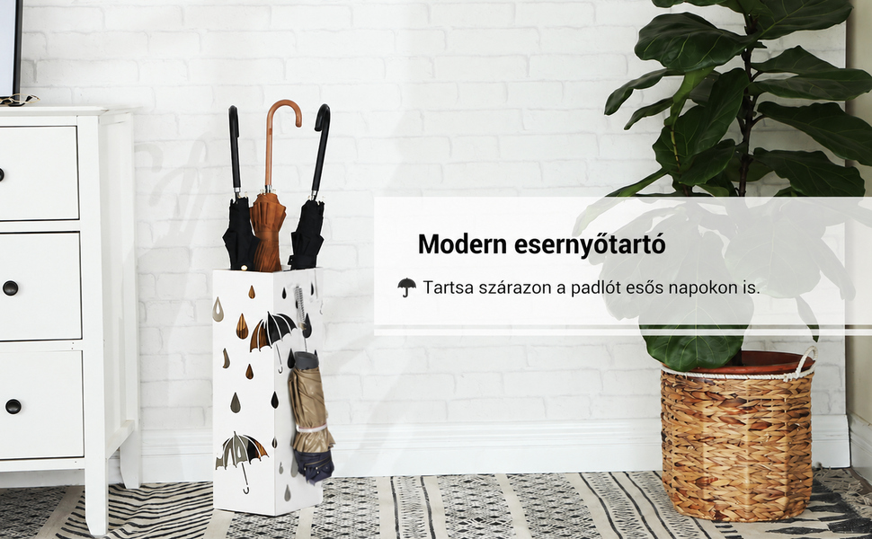 Fém esernyőtartó, esernyőtartó csepptálcával és 4 kampóval, fehér