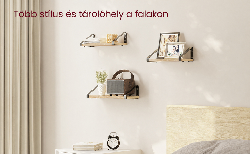 Fali polc, lebegő polc, 3 darabos készlet, tölgy-fekete