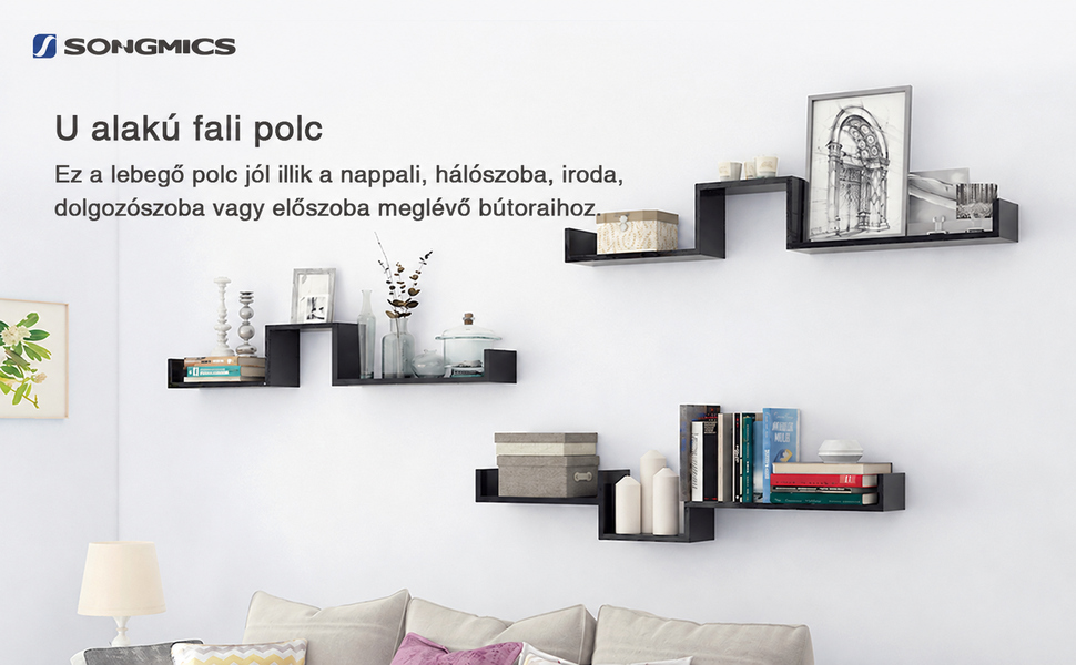 Fali polc 3 db-os szett, úszó polcok 30/45/60 cm fekete |