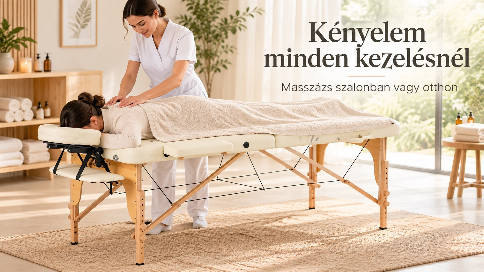 VASHOME professzionális összecsukható masszázságy, bükkfa váz, 61,5–84 cm, világos krémszínű, max. 250 kg, hordtáskával
