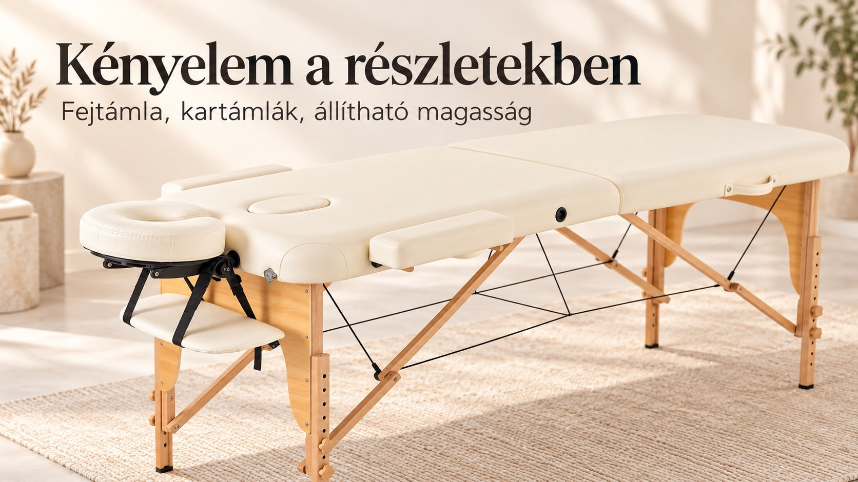 VASHOME professzionális összecsukható masszázságy, bükkfa váz, 61,5–84 cm, világos krémszínű, max. 250 kg, hordtáskával