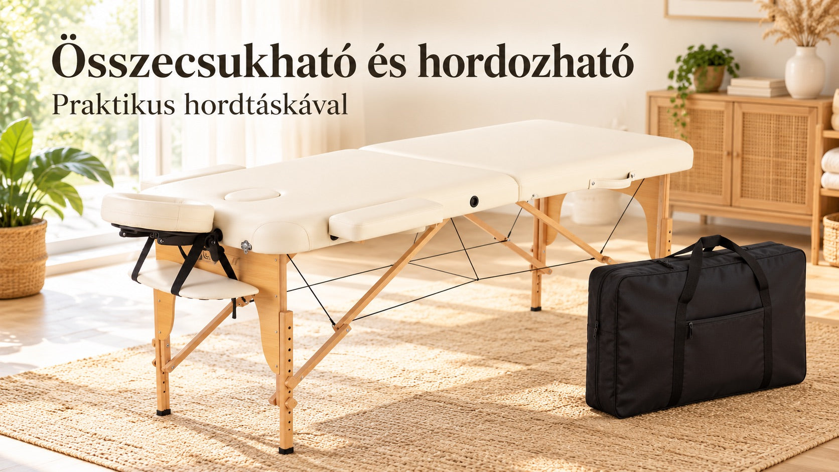 VASHOME professzionális összecsukható masszázságy, bükkfa váz, 61,5–84 cm, világos krémszínű, max. 250 kg, hordtáskával