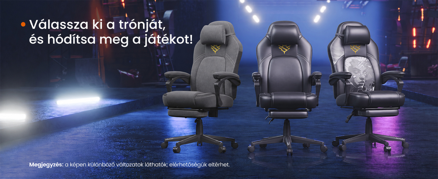 Három gamer szék áll kék fény előtt, és különböző stílusú, versenyzés ihlette ülésdizájnokat mutatnak be
