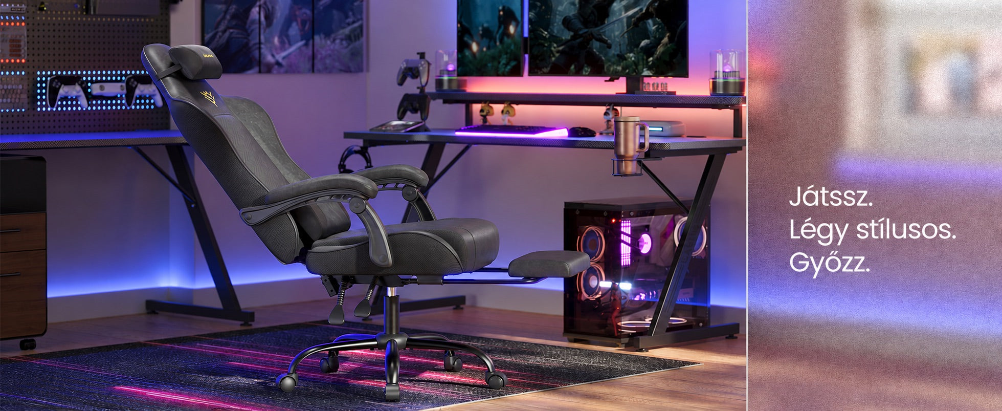 Ergonomikus fekete gaming szék lábtartóval játékhoz és számítógépes munkához