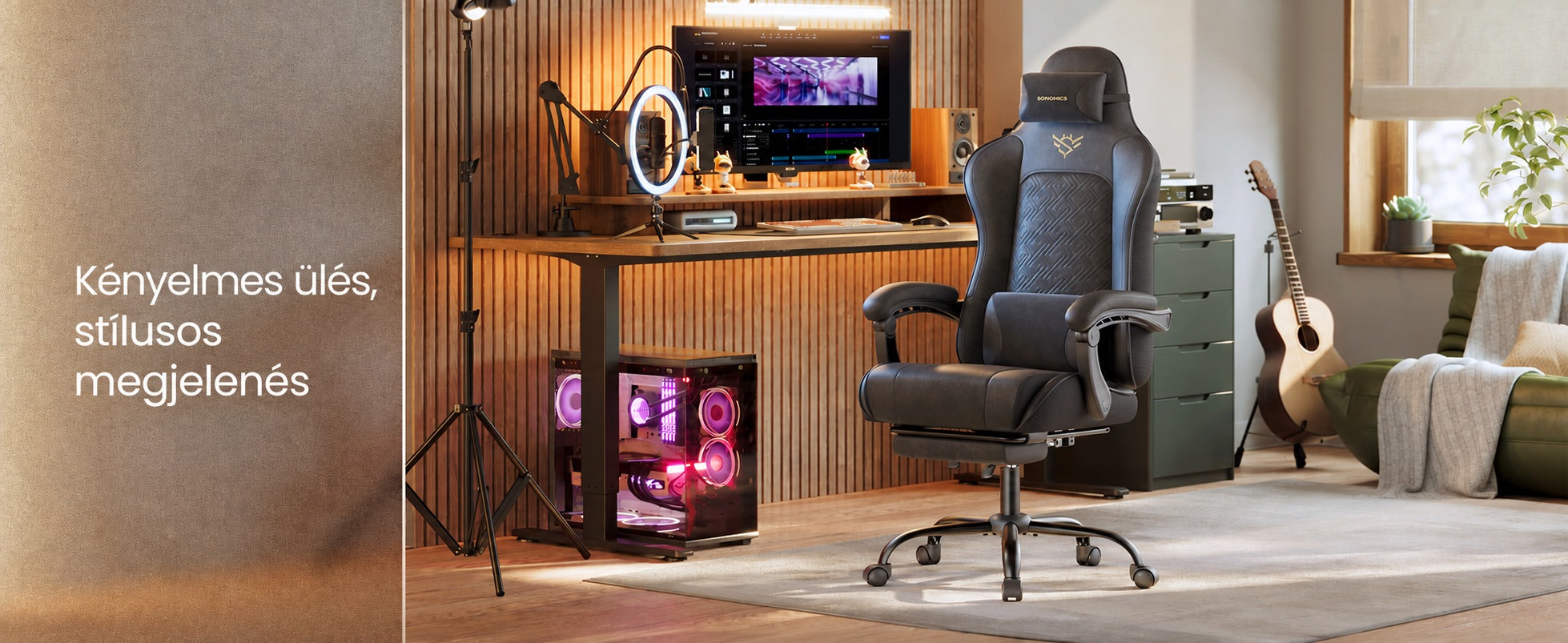 Fekete gamer szék ergonomikus kialakítással, fej- és derékpárnával