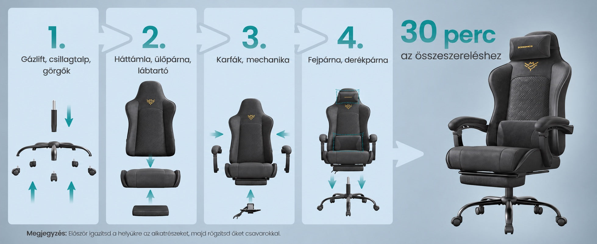 Gaming szék egyszerű összeszerelése lépésről lépésre