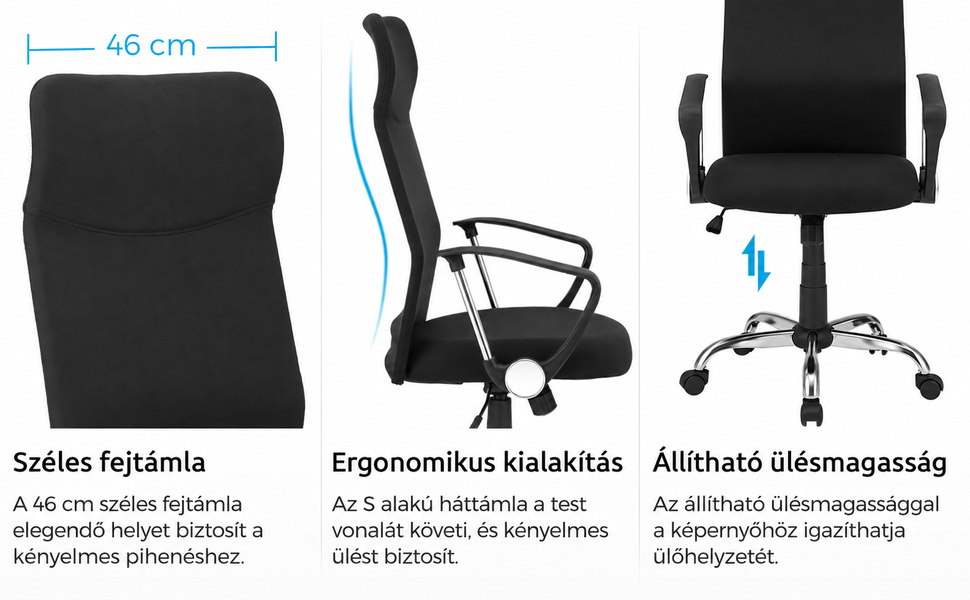 Állítható magasságú ergonomikus forgószék, fekete