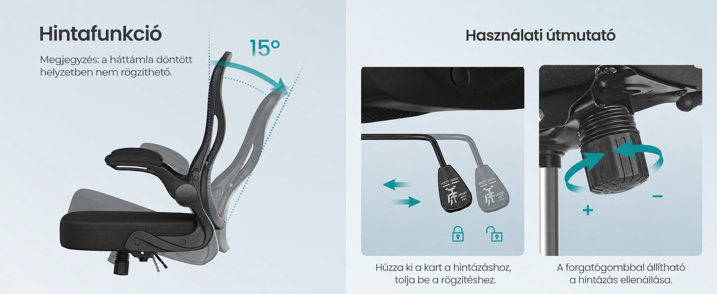SONGMICS ergonomikus irodai szék 90–105°-os hintafunkciójának bemutatása