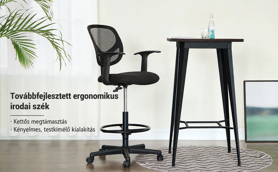 Ergonomikus irodai szék kartámaszokkal, magas forgó szék 55-75 cm ülésmagasság, Fekete