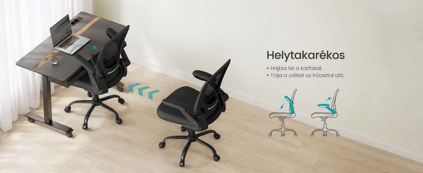 Ergonomischer Bürostuhl mit verstellbarer Höhe und Rückenlehne, schwarz abgebildet. Mit Netzrücken zur Belüftung. Wird zusammen mit einem höhenverstellbaren Schreibtisch in einer Heimbüroumgebung ausgestellt