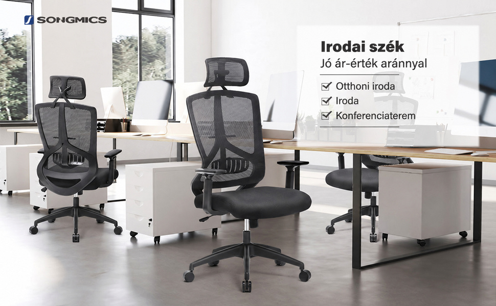 Fekete ergonomikus irodai szék állítható deréktámasszal és fejtámlával