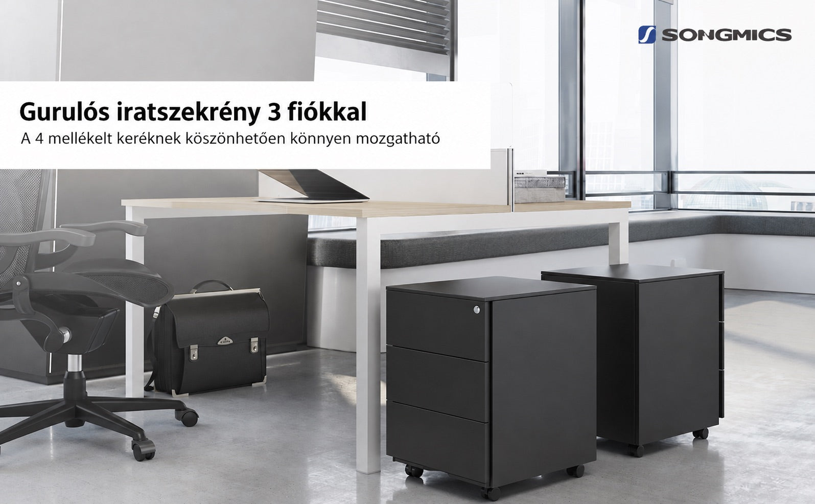 OFC63BK matt fekete gurulós fém iratszekrény három zárható fiókkal