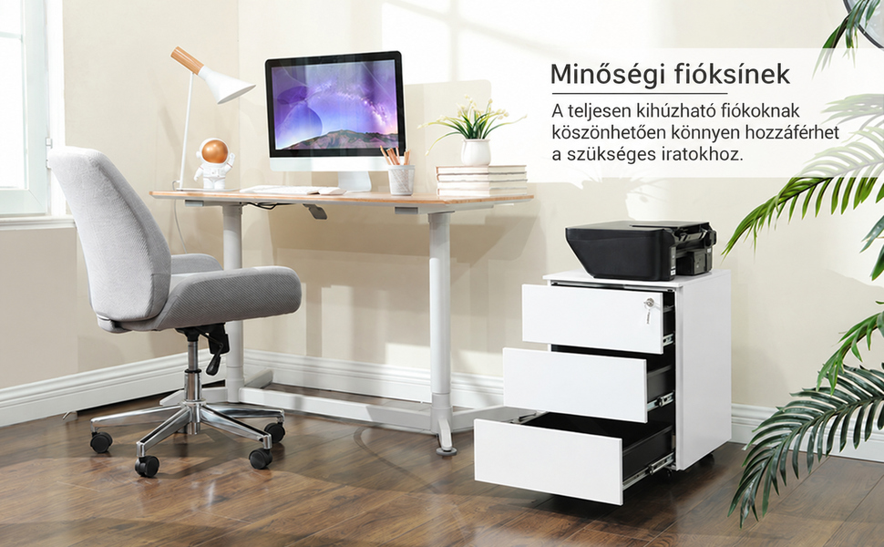 Fehér görgős iratszekrény kihúzott fiókokkal és nyomtatóval a tetején az íróasztal mellett