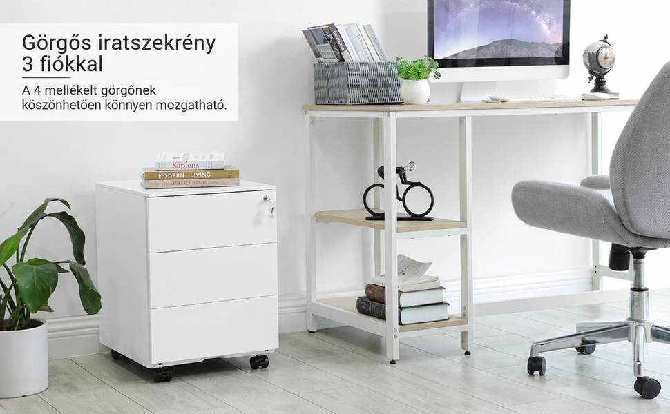 Fehér görgős iratszekrény 3 fiókkal könyvekkel a tetején, íróasztal mellett a dolgozószobában