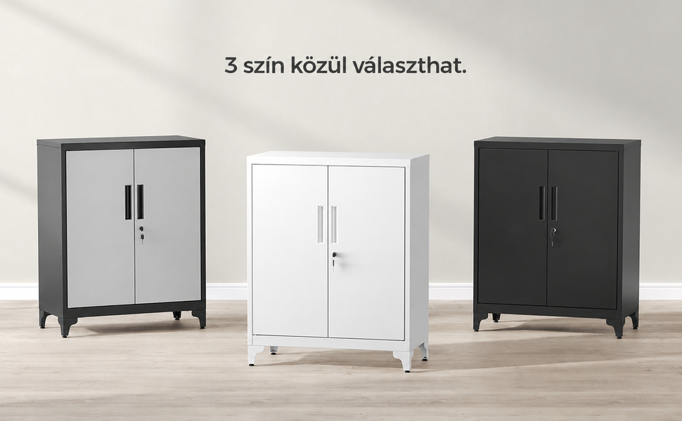 Három fém tárolószekrény dupla ajtóval és lábbal, különböző színválasztékban: kéttónusú szürke, fehér és fekete. Mindegyikhez fogantyúk és zárak tartoznak.