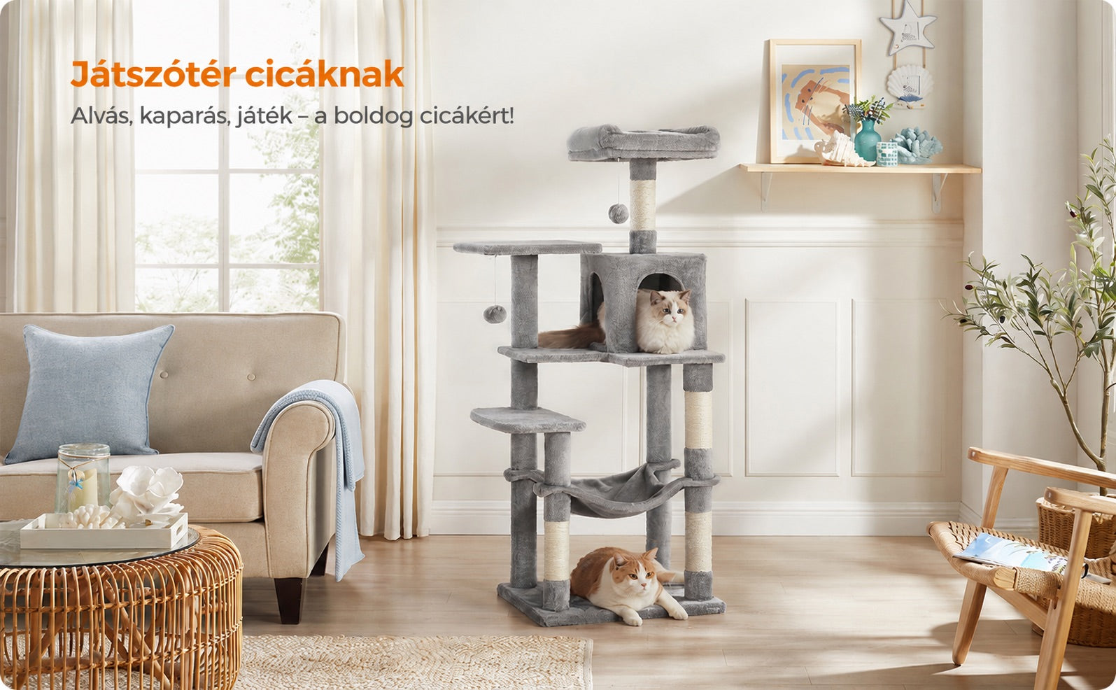FEANDREA 143 cm magas többszintes macskafa, világosszürke