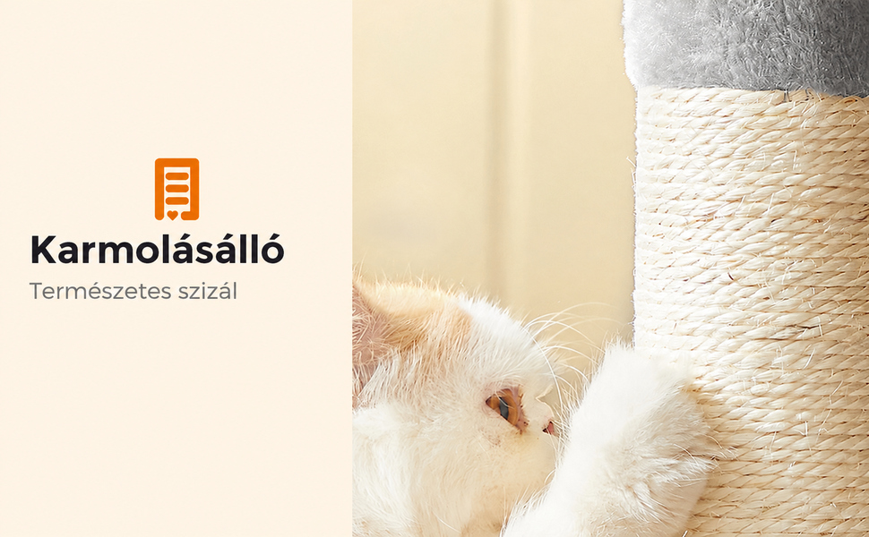 FEANDREA macskafa, kompakt macskalakás 2 barlanggal 84 cm magas, világosszürke