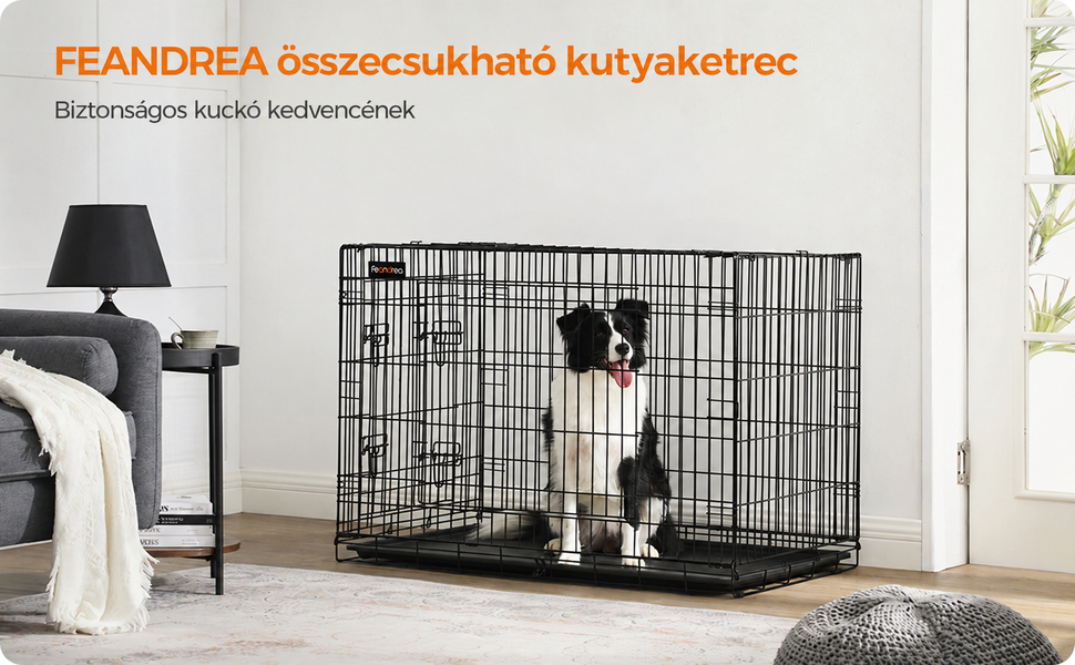 Kutya ketrec, összecsukható kisállathordozó, fekete 107cm | FEANDREA