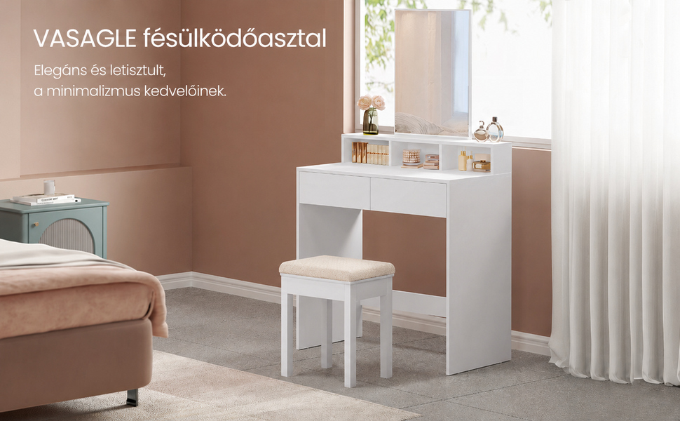 Fésülködőasztal nagy tükörrel, 2 fiókkal, modern kozmetikai asztal, fehér |