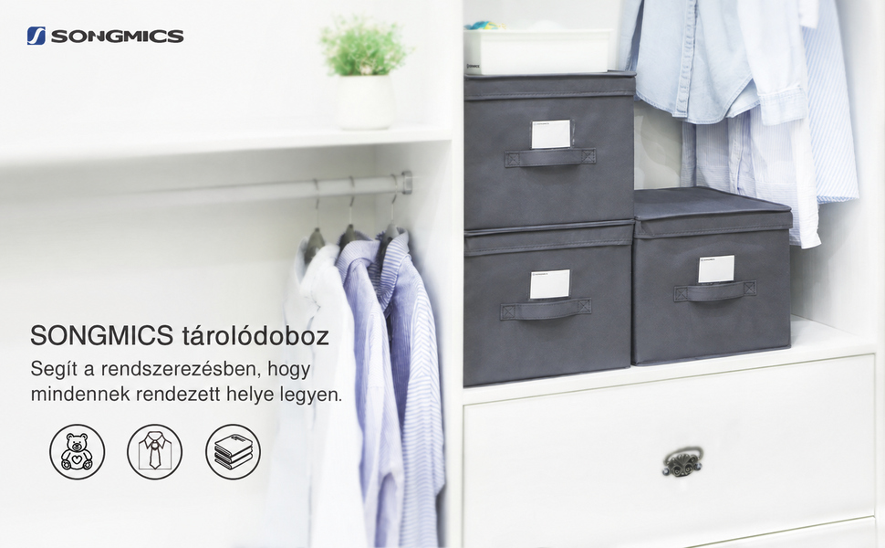 3 db összehajtható tárolódoboz fedővel, 40 x 25 x 30 cm, szürke |