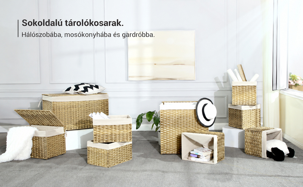 Tárolókosár, összecsukható 65 literes szennyeskosár, natúr