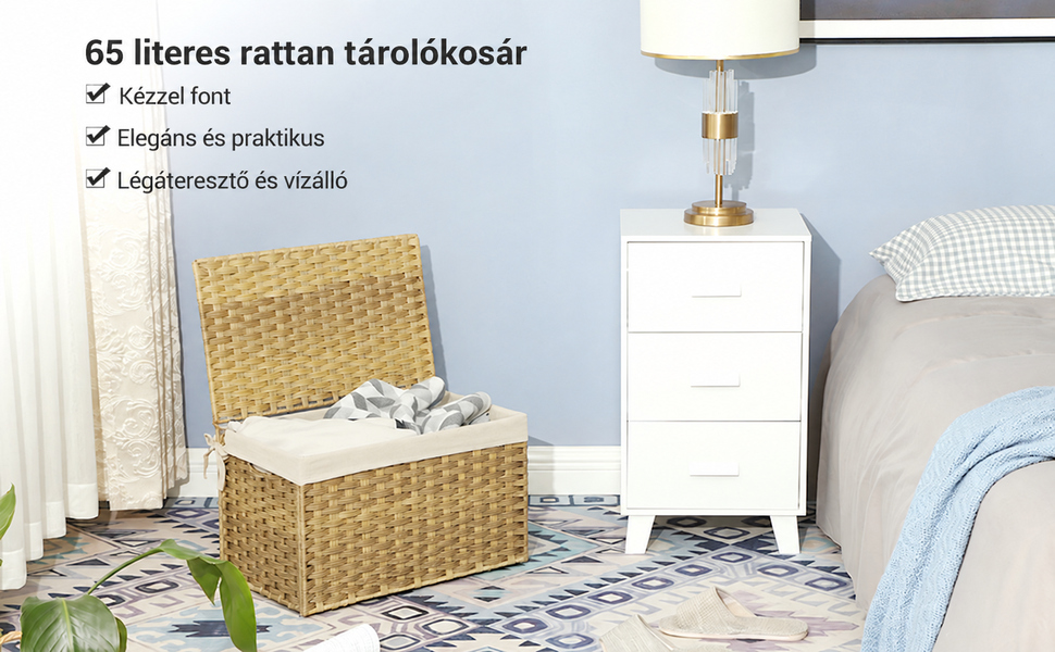 Tárolókosár, összecsukható 65 literes szennyeskosár, natúr