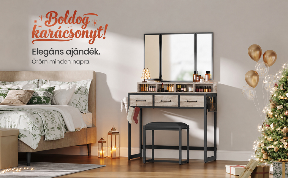 Bedroom vanity setup with mirror, drawers, and stool, decorated for Christmas with nearby tree and festive bedding.