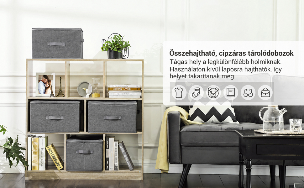 Összecsukható tárolódobozok fedéllel 3 db-os, szürke | 