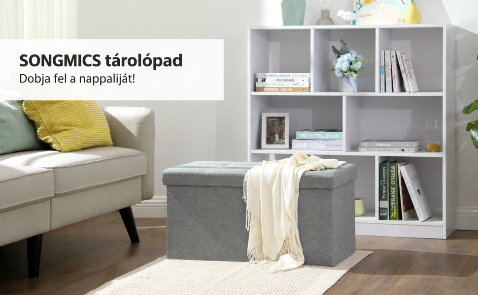 Összecsukható tárolópad párnázott ülőfelülettel, világosszürke