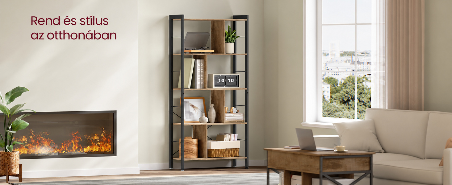 Termékbemutató – VASAGLE ipari stílusú könyvespolc 5 szinttel, 74 × 30 × 154,5 cm, barna-fekete
