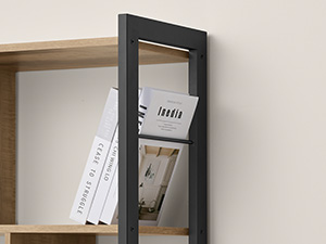 Close-up of a black metal bookend on a wooden shelf, supporting several books. The bookend has a simple, modern rectangular design.
