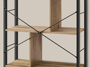 Partial view of a wooden and metal shelving unit. Visible are light wood shelves supported by a black metal frame with X-shaped side supports.