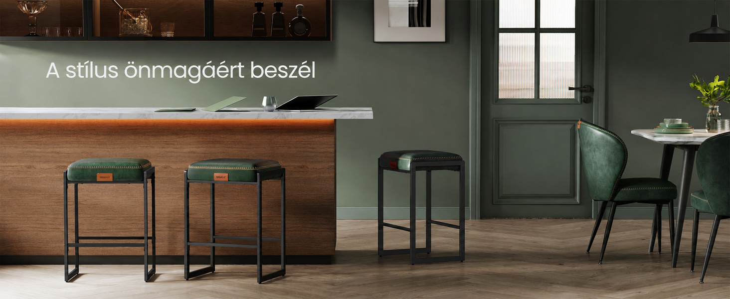 Termékbemutató – VASAGLE EKHO bárszék szett, 2 db, 66 cm ülésmagasság, erdőzöld műbőr