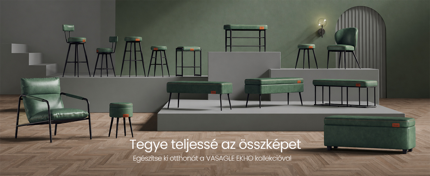 Termékbemutató – VASAGLE EKHO bárszék szett, 2 db, 66 cm ülésmagasság, erdőzöld műbőr