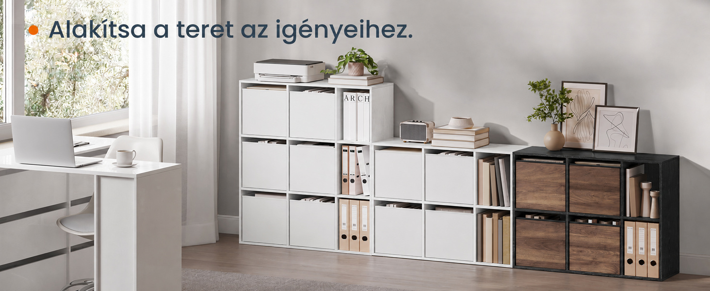 Termékbemutató – SONGMICS HOME 9 rekeszes könyvespolc 6 textildobozzal, szerszám nélküli szerelés, fehér