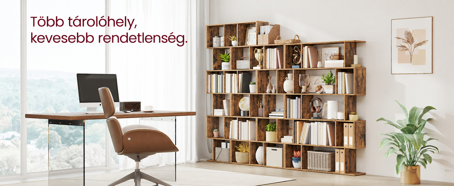 Termékbemutató – VASAGLE CUSTOS S alakú könyvespolc, 5 szintes, 90 × 24 × 159 cm, rusztikus barna